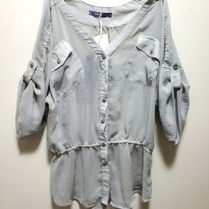 Mantique Sakura Bohemia Gauzey Sheer Grey Two Pocket Blouse Women S-M NWT